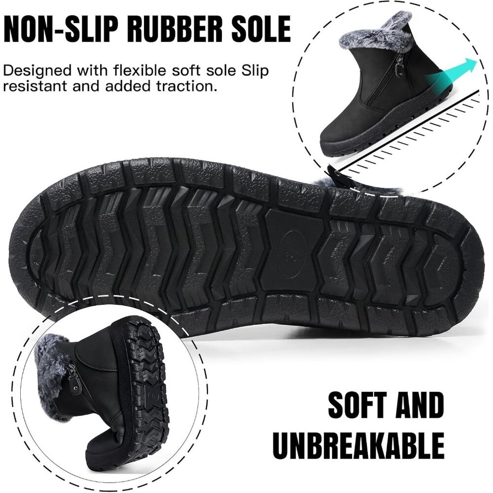 Women's Waterproof Snow Boot Warm Ankle Fur Lined Booties Insulated Shoes Black - Picture 5 of 6
